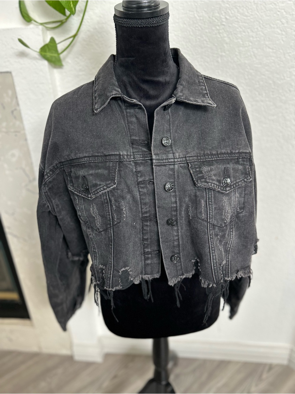 Washed Black Cropped Denim Jacket - Women
